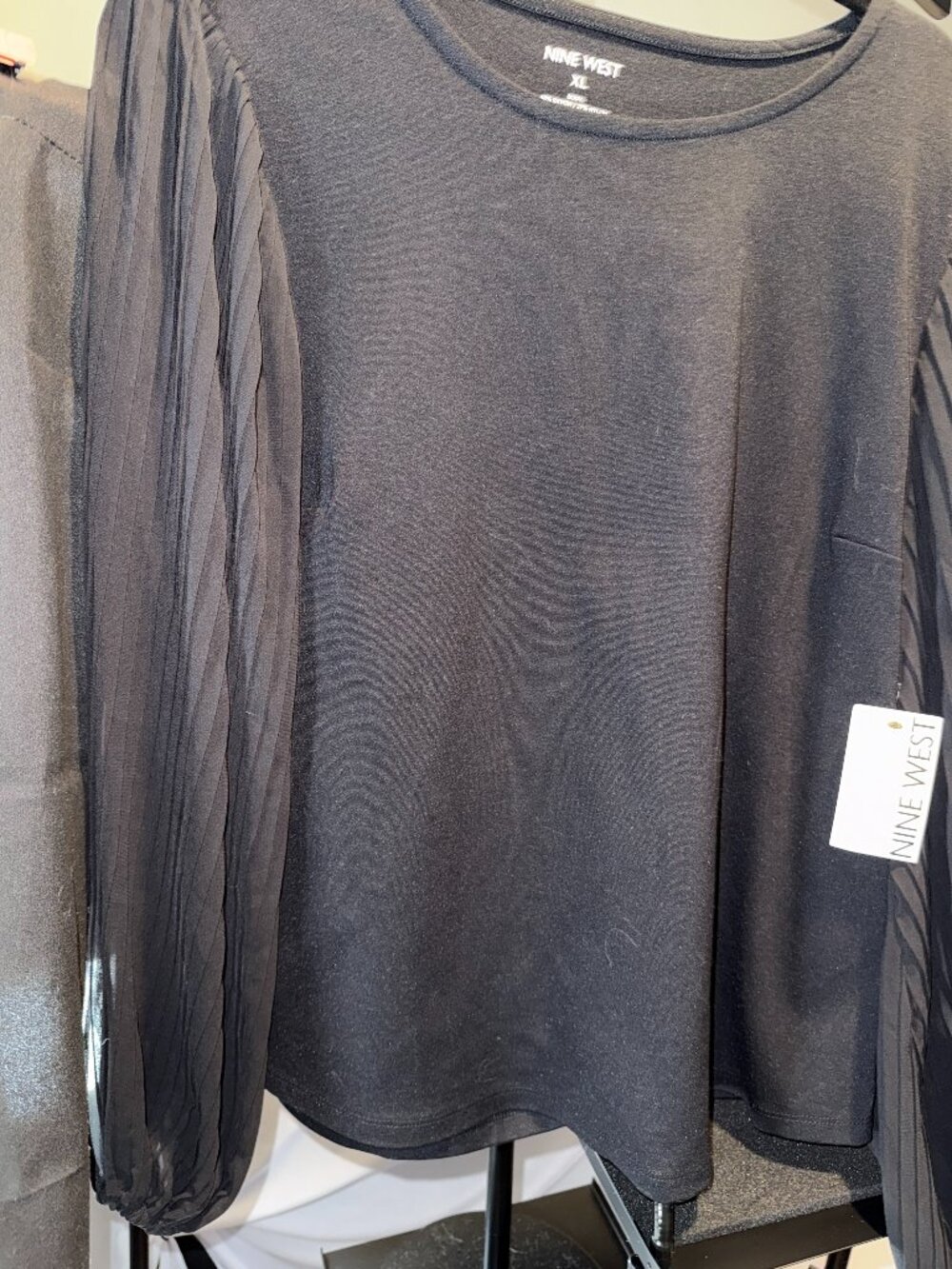 Nine West XL Black Pleated Balloon Sleeve Stretch Blouse NWT